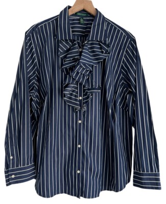 LRL Ralph Lauren Blue Striped Ruffle Neck Button Front Long Sleeve Shirt 3X