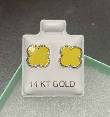 14K Yellow Gold Four Leaf Yellow Flower Stud Earrings With Safety Backing