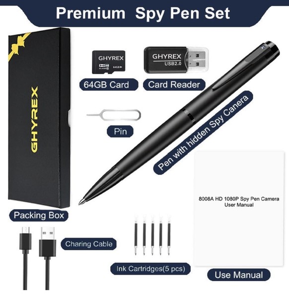 Spy pen with camera and accessories displayed.