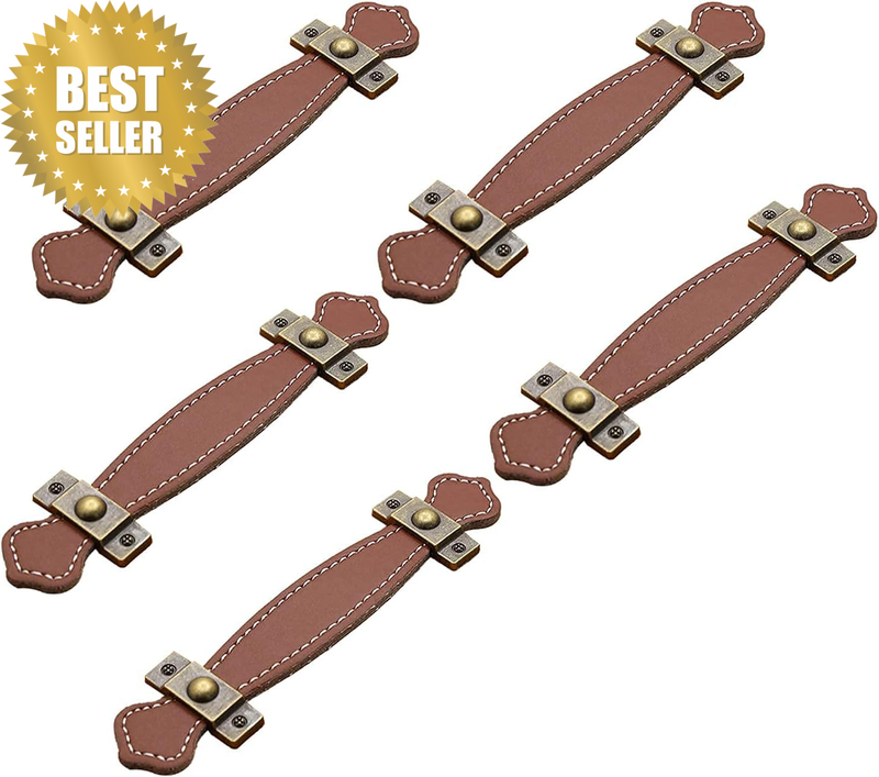 Leather Drawer Pulls, 5PCS Cabinet Knobs 3-7/8Inch Soft Handmate Leather Handles