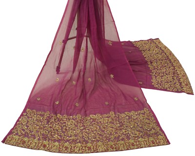 Vtg Indian Pink Sari Silk Wrap Hand Dyed,Heavily Beaded Pink Scarf 44 x 100