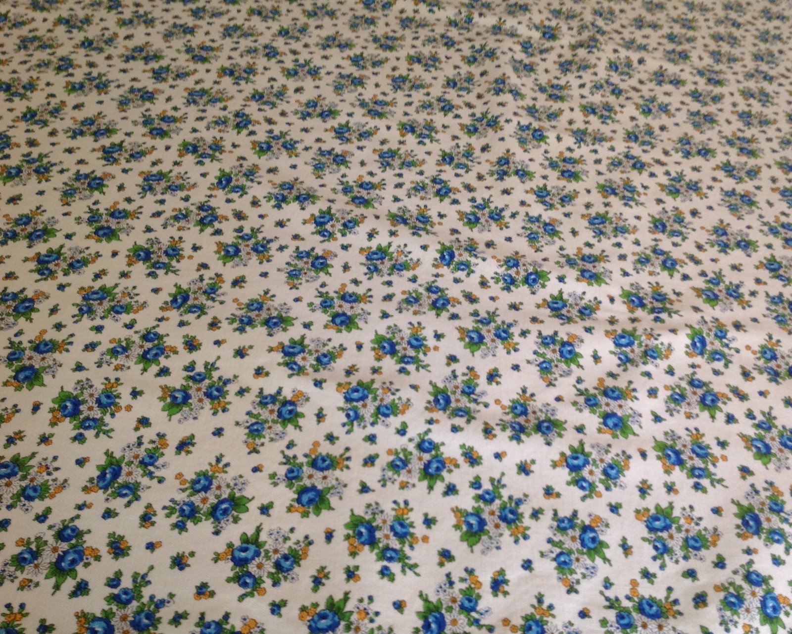 1970s Vtg 1.1 Yds Heavy Cotton Percale Blue Floral Fabric Material Sewing Retro