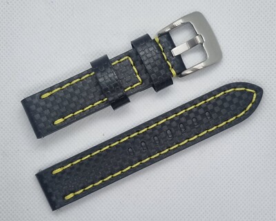 20mm Carbon Fibre Watch Strap Genuine Leather Black with Colour Stitching Band