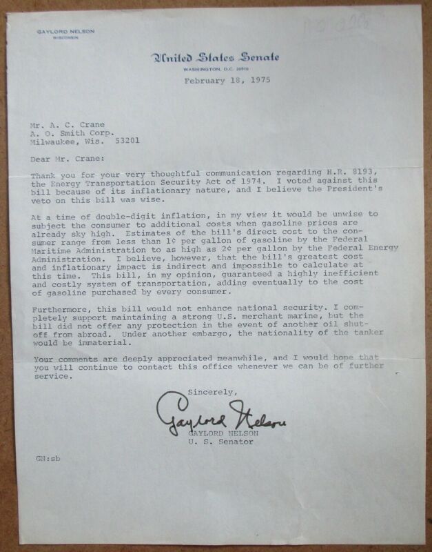 US Senator Gaylord Nelson Wisconsin 1977 signed letter