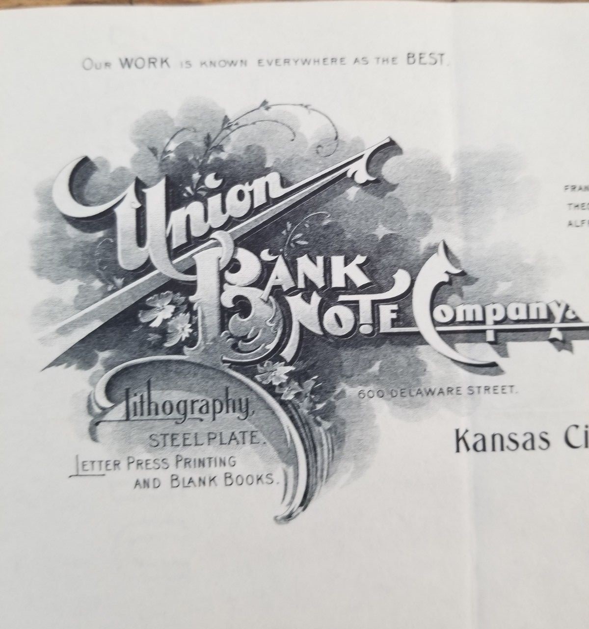 Vintage 1901 Advertising Billhead Union Bank Note Company Kansas City MO