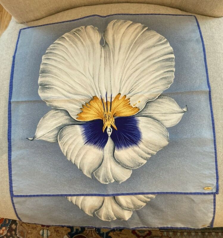 Pair of Jim Thompson silk napkins or handkerchiefs hanky blue with orchid flower