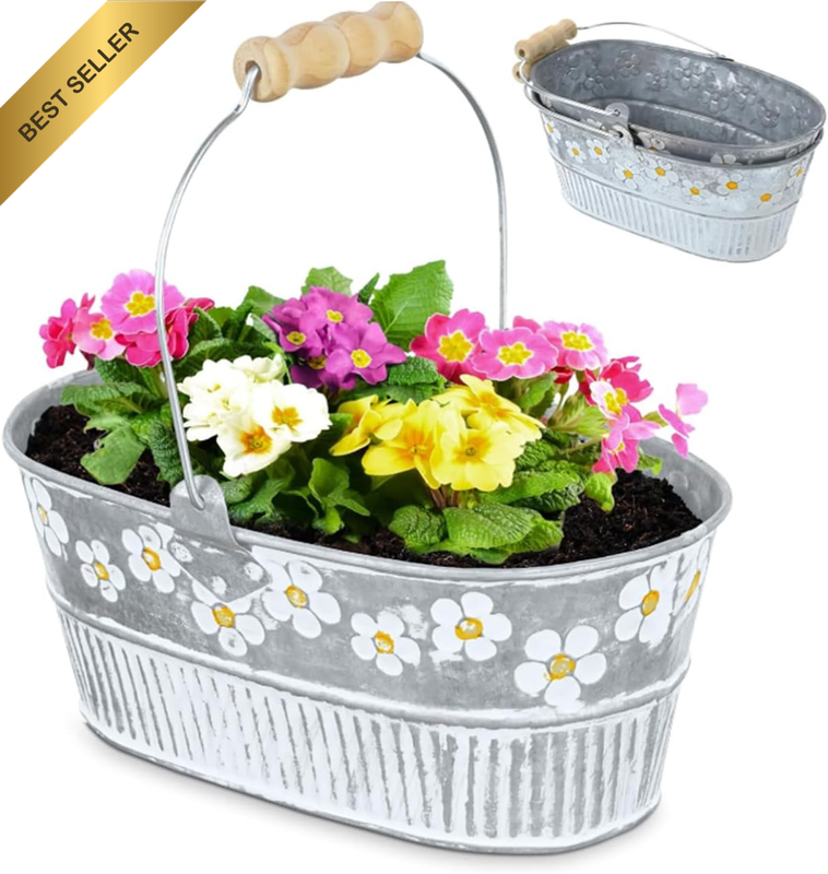 3 Pieces Oval Iron Flower Pot with Print and Handle, Galvanized Pail Flowerpot,