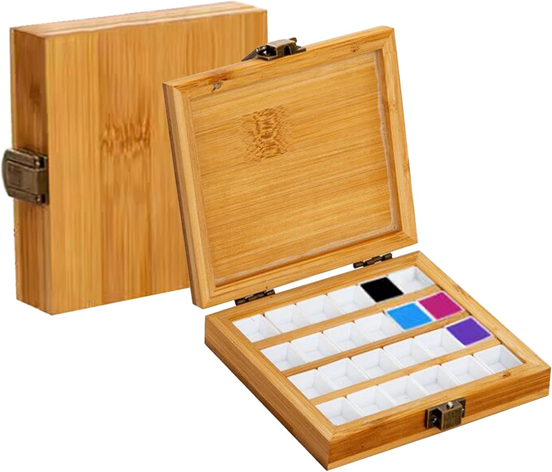 Wooden Watercolor Paint Palette Tray, Palette Paint Case with 24Pcs White Washab