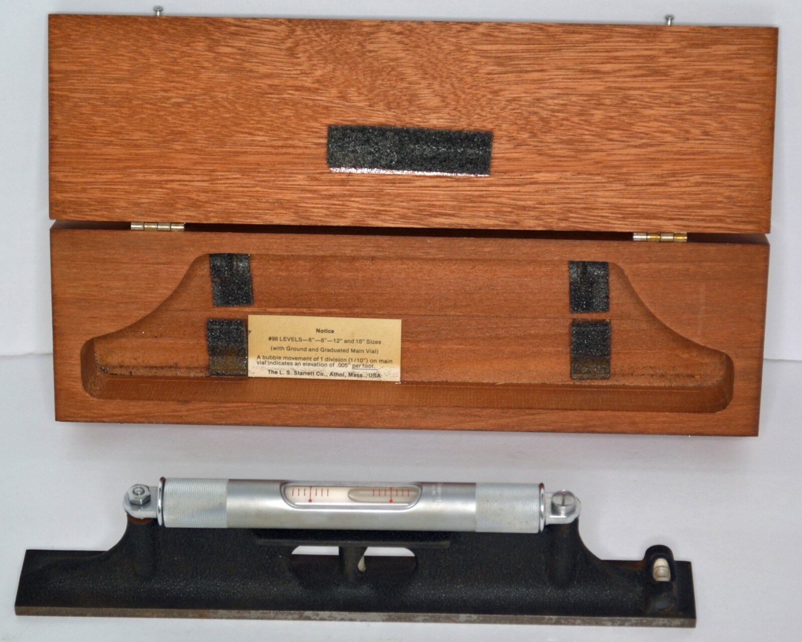 #98 Starrett Machinist Level In Original Wooden Box with Labels, Slightly Used
