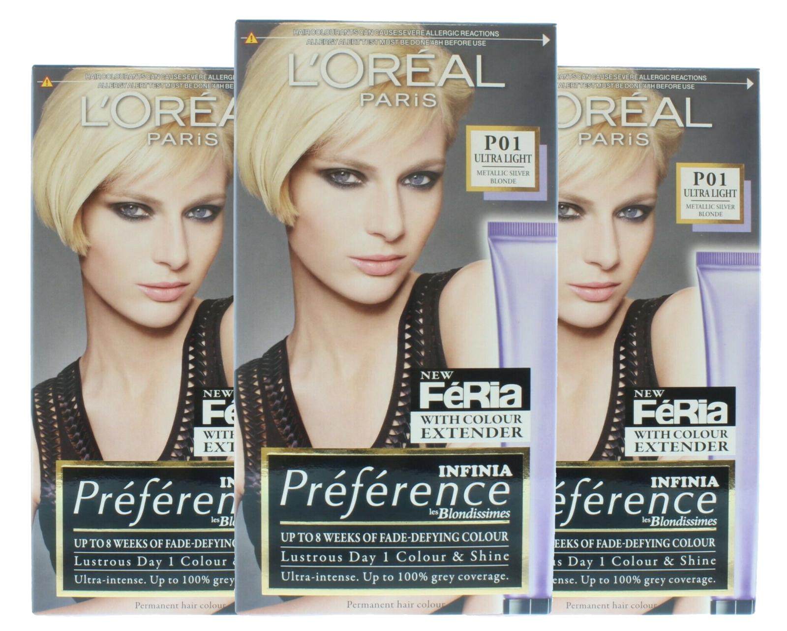 3x L Oreal Preference Feria Hair Colour P01 Ultra Light Metallic