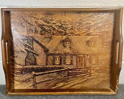Vintage House Of Lloyd Carved Etched Wood Pyrography Serving Tray Cabin Winter