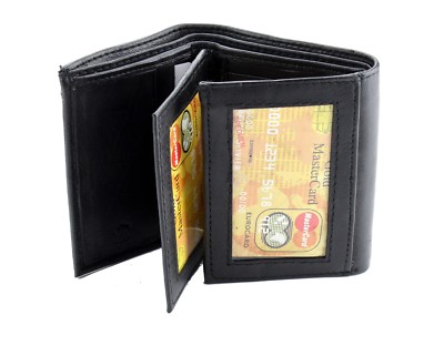 3/C FOLD WALLET BLACK ① Black Mens Trifold Genuine Leather Wallet Window ID Pockets