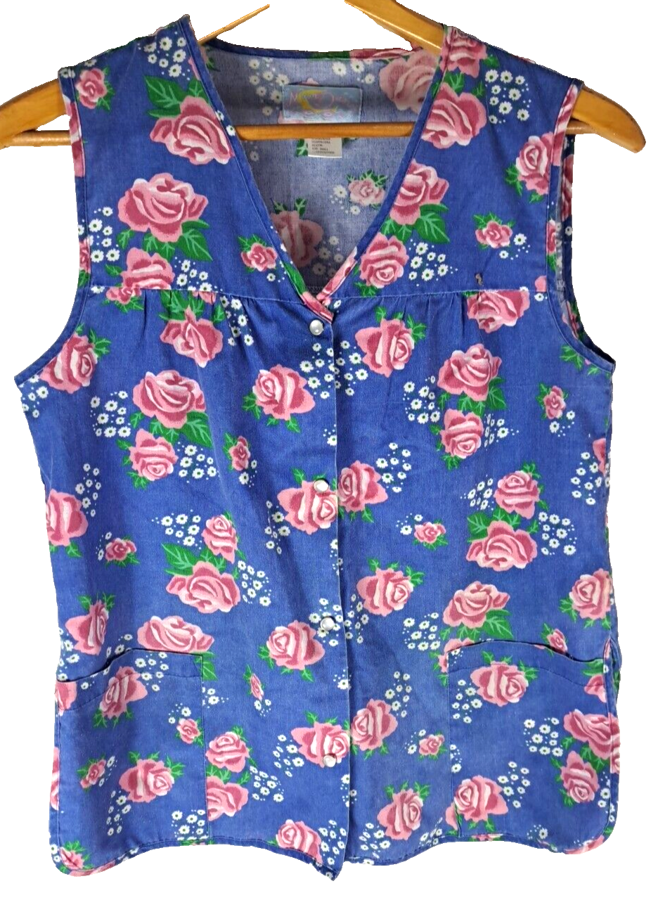 Vintage Womens Artist Smock Vest Blue Pink Roses Pearl Snap
