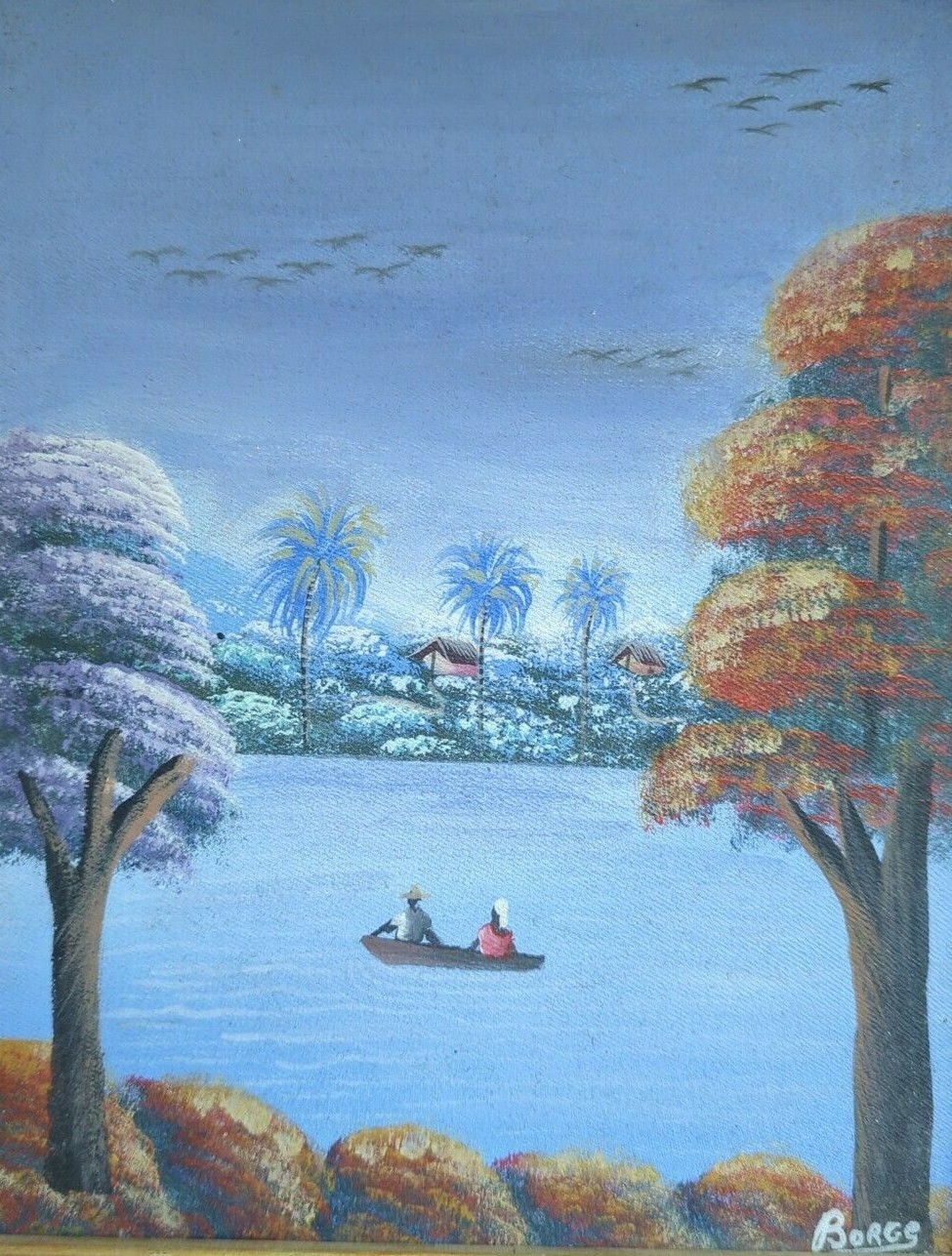 Collectible Haitian Folk Art Naif BIJOUX Painting BORGE Haiti Romantic excursion