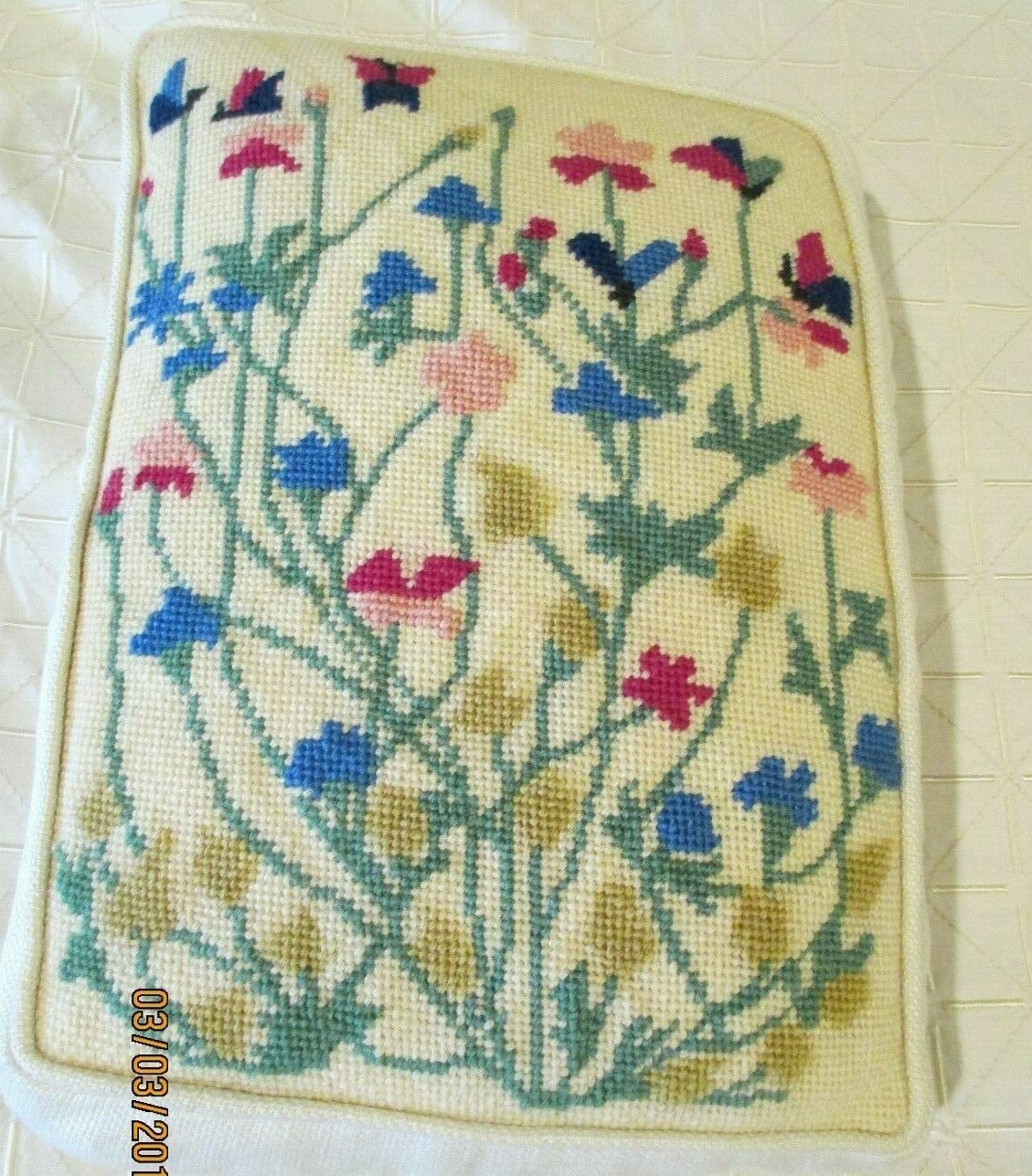 Vintage Floral Needlepoint Wool Embroidered Throw Pillow; Linen  9