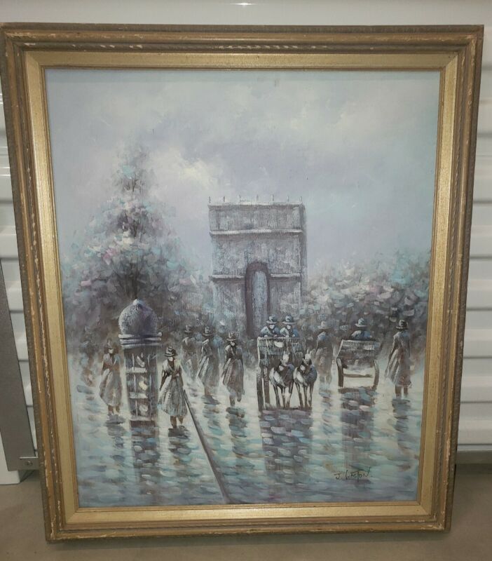Original Oil On Canvas J. Gaston Paris Street Scene Framed Painting 