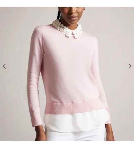 Ted Baker Pink Sweater With Embellished White Flower Collar