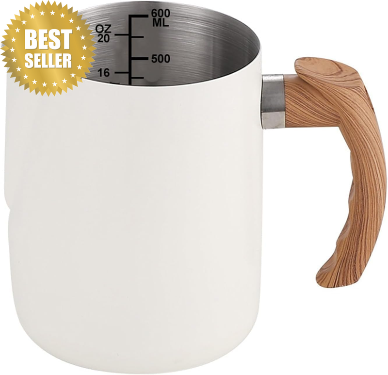 Stainless Steel Milk Frothing Pitcher with Wooden Handle - 600Ml Coffee Frother
