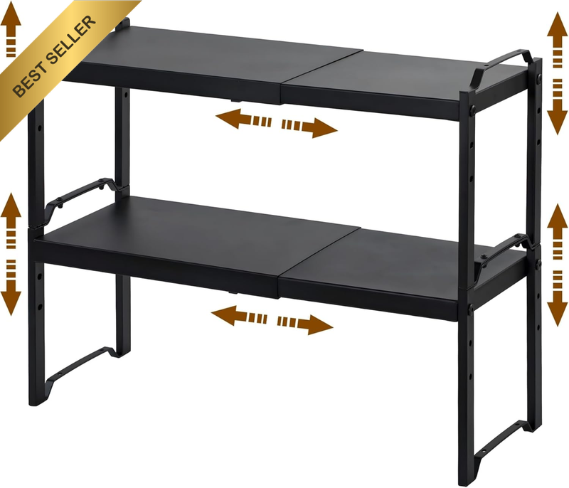Set of 2 Stackable Cabinet Shelf Expandable Kitchen Countertop Storage Rack