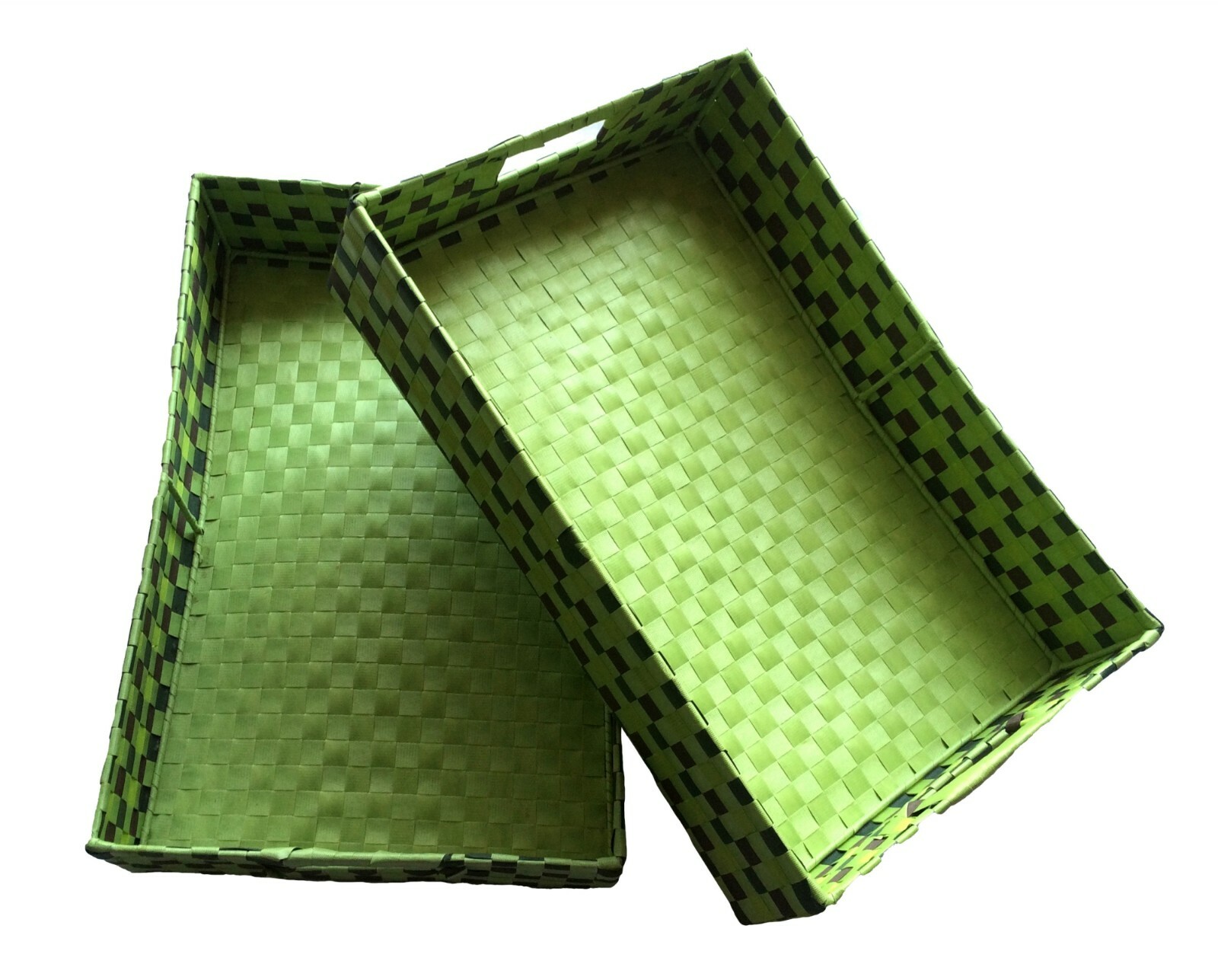 2 Rectangular Green & Purple Woven Nylon Baskets 12 x 18 x 3.5” Metal Reinforced
