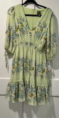 Taylor Dress Nordstrom Green Chiffon V Neck Floral 3/4 Sleeve L Sz 12 NWT New