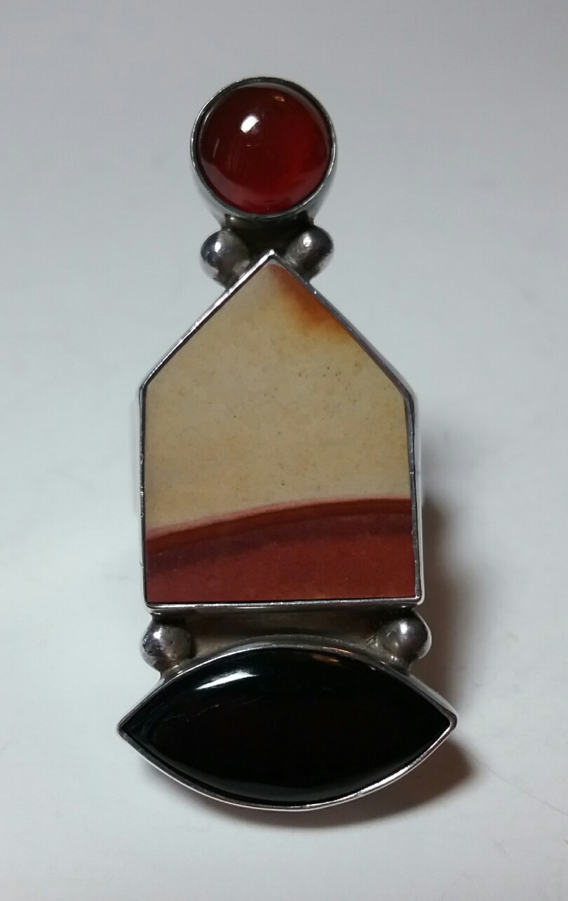STERLING SILVER ARTISAN STUDIO DARLA NORDSTROM ONYX CARNELIAN PICTURE AGATE RING