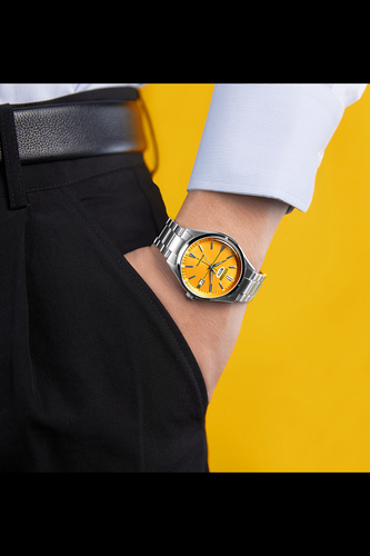 Pre-owned Citizen Automatic Nh8391-51z Yellow Dial Silver Stainless Steel Men Watch