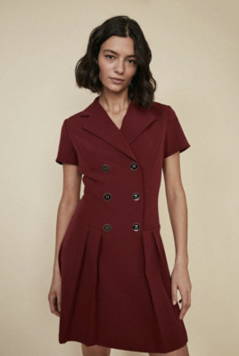 OASIS Burgandy A-Line Dress UK 10 | Red Button Front Pleated 