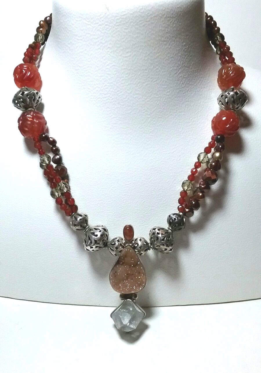 STERLING SILVER ARTISAN STUDIO DARLA NORDSTROM CARVED CARNELIAN DRUZY NECKLACE