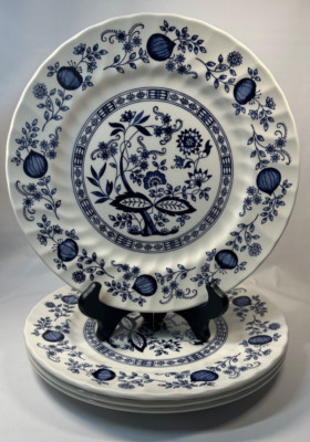 4 Blue Onion By Churchill Royal Wessex England  10 3/8'' Scalloped Dinner Plates