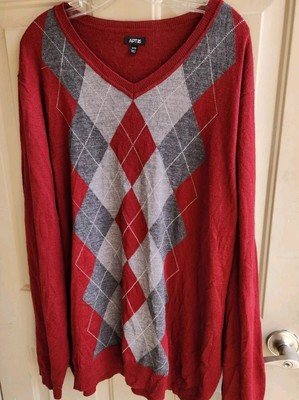  Sweater Mens Size 3X Big Argyle Plaid Maroon  Gray V-Neck