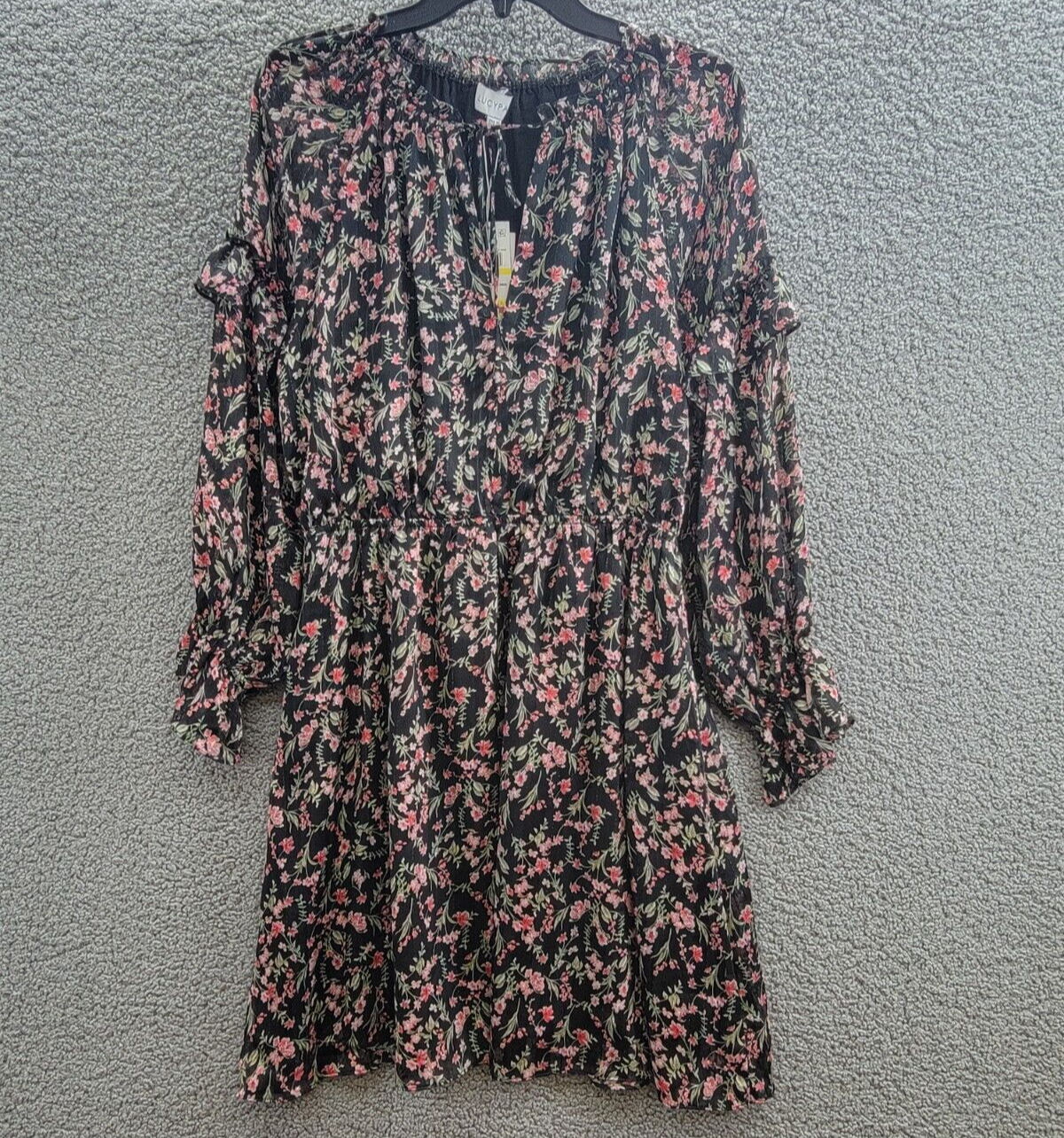 Lucy Paris Imelda Floral Print Shift Dress Women's M Black/Pink Multi Split Neck - Picture 2 of 16