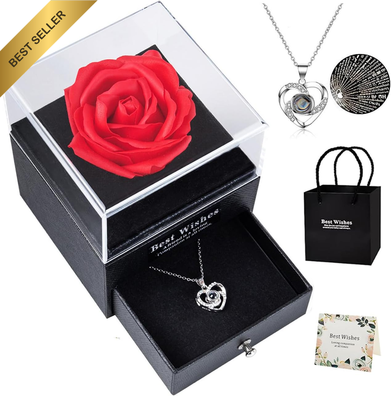 Preserved Red Real Rose with I Love You Necklace -Eternal Flowers Rose Gifts for
