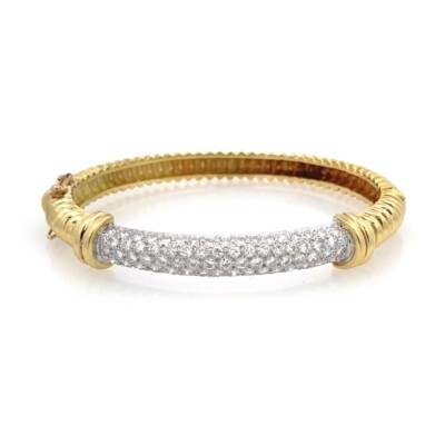 Dome Style 4 Carats 18k Two Tone Gold 6mm Wide Grooved Hinge Bangle