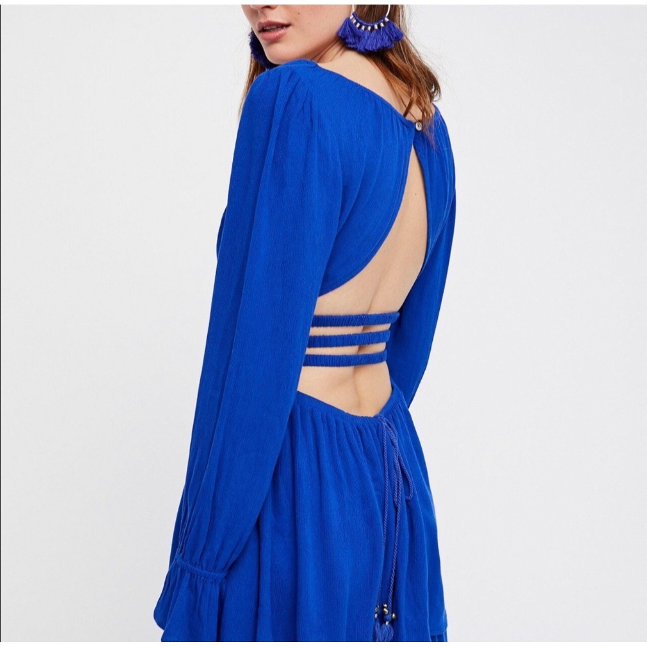 Free People Much Ado Mini Blue long sleeve open back ruffle