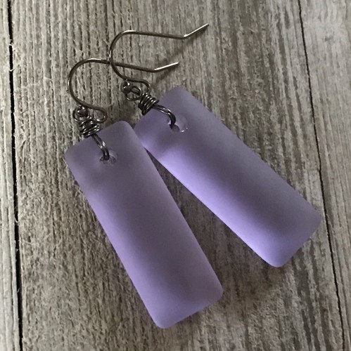 Min Favorit Lavender Sea Glass Rectangle Drop & Gunmetal Artisan Earrings