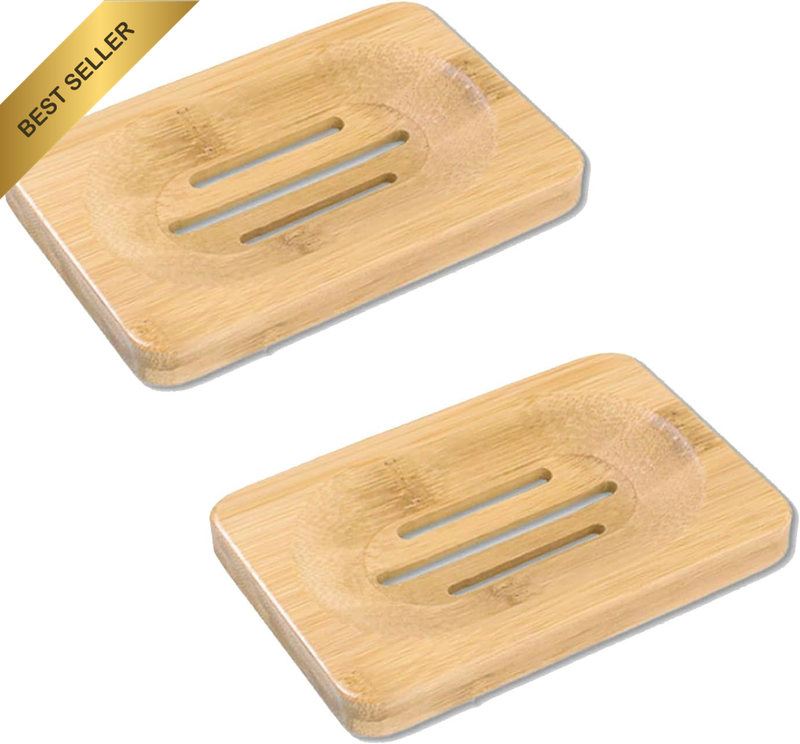 2 Pack Wooden Soap Dish, Natural Bamboo Self-Draining Soap Holder, Anti-Slip Rec