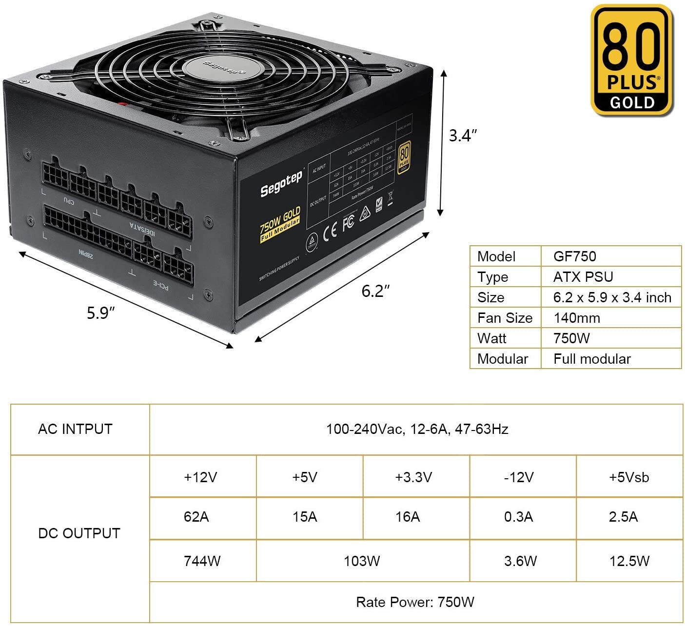 OPEN BOX 750W 80+Gold ATX 3.0 Power Supply Fully Modular