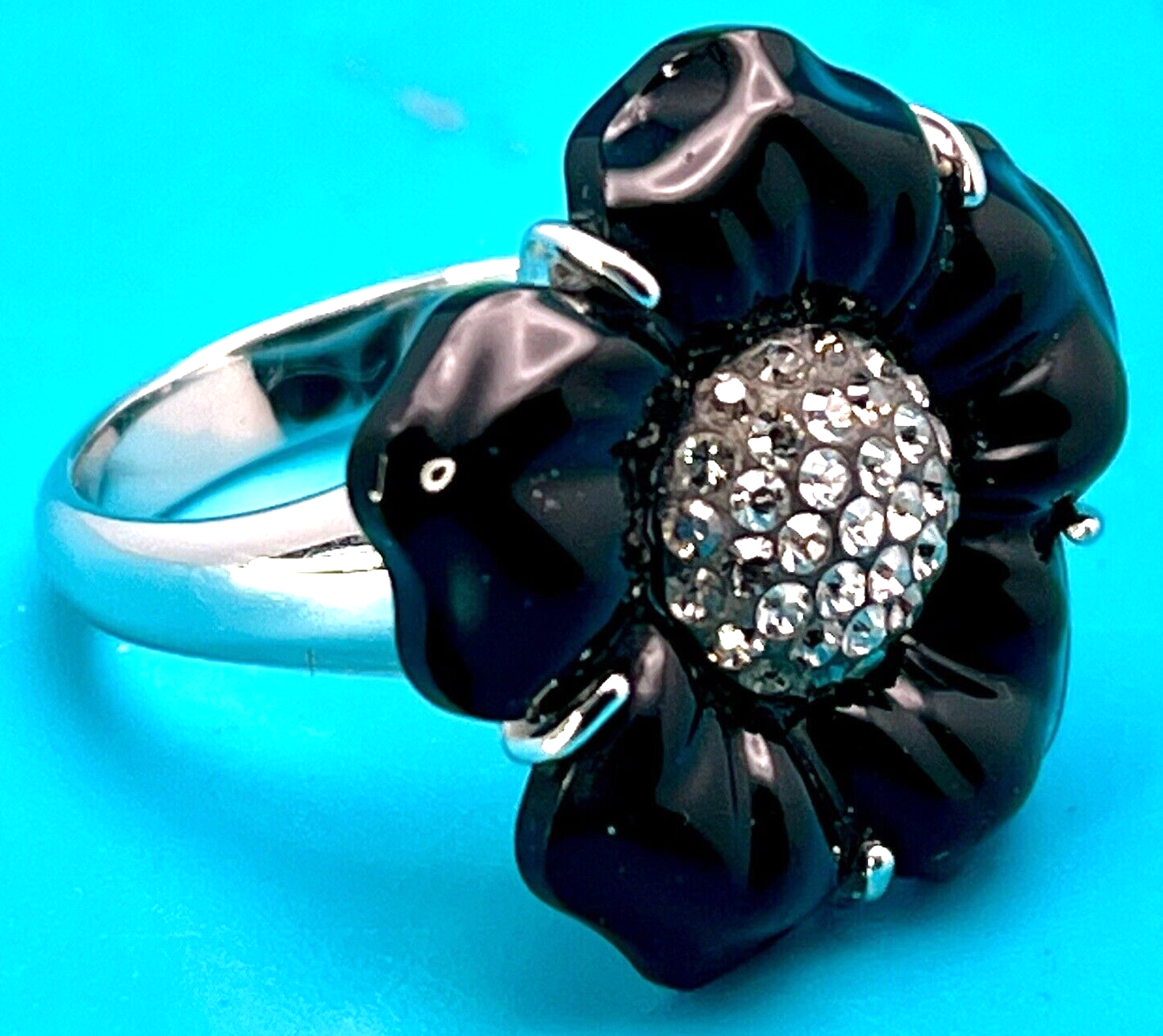 Melissa Jet Swarovski Crystal Black Flower Ring Size 8 1/2