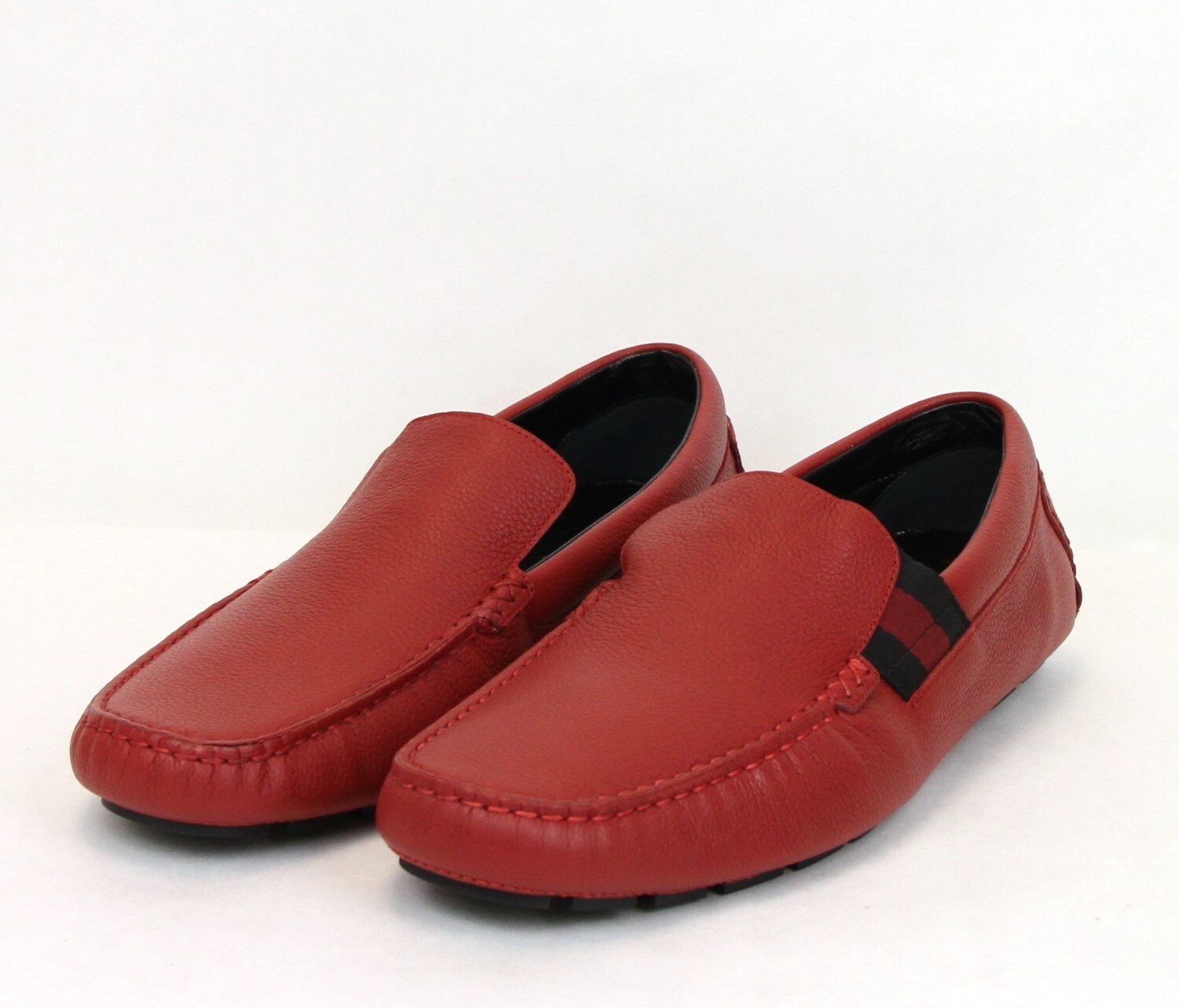 Pre-owned Gucci Men's Red Soft Leather Loafer Shoes With Brb Web 363835 6452