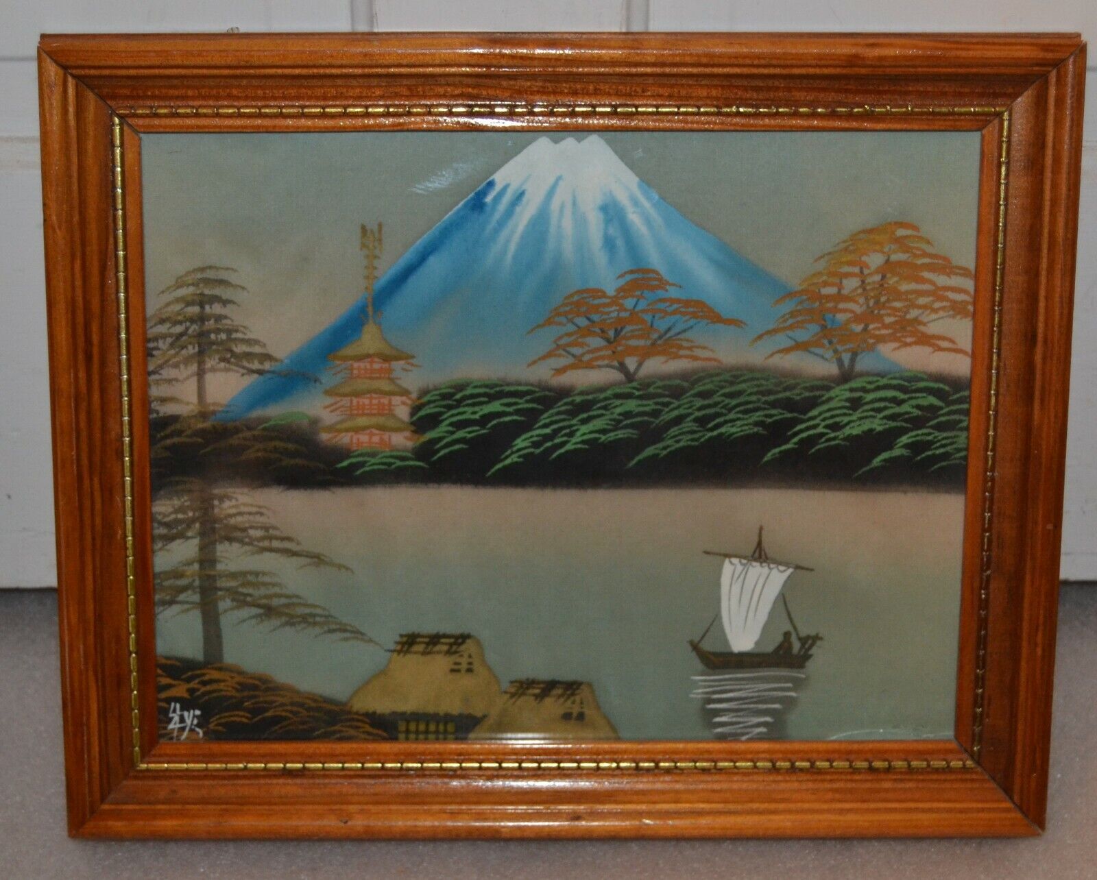 Vintage Oriental (Japanese?) Silk Screen print. SHIP VOLCANO N...