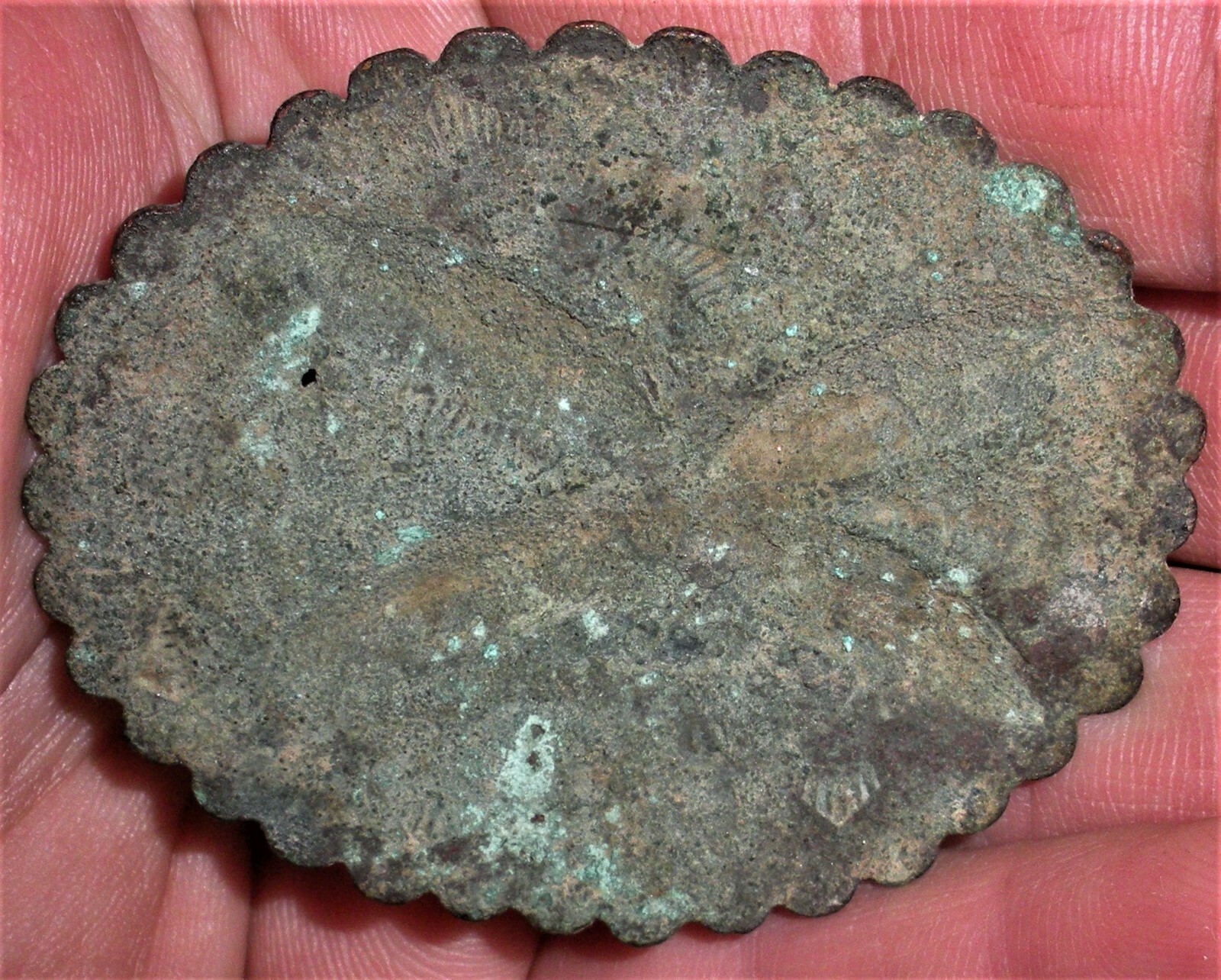 ANTIQUE EARLY DUG c. 1910 NAVAJO COPPER CONCHO NICE STAMPS & REPOUSSE vafo