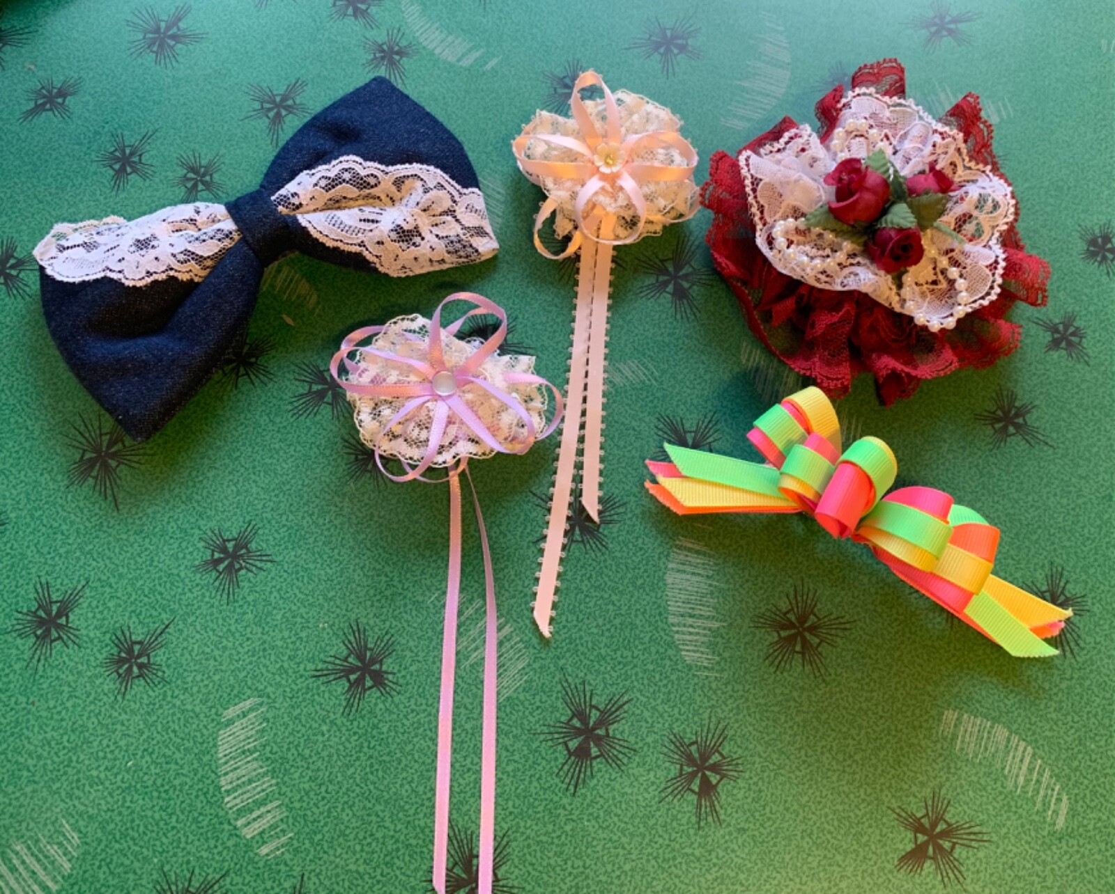 Vtg 90s Hair Bow Lot of 5 Barrettes Crimson White Ribbon