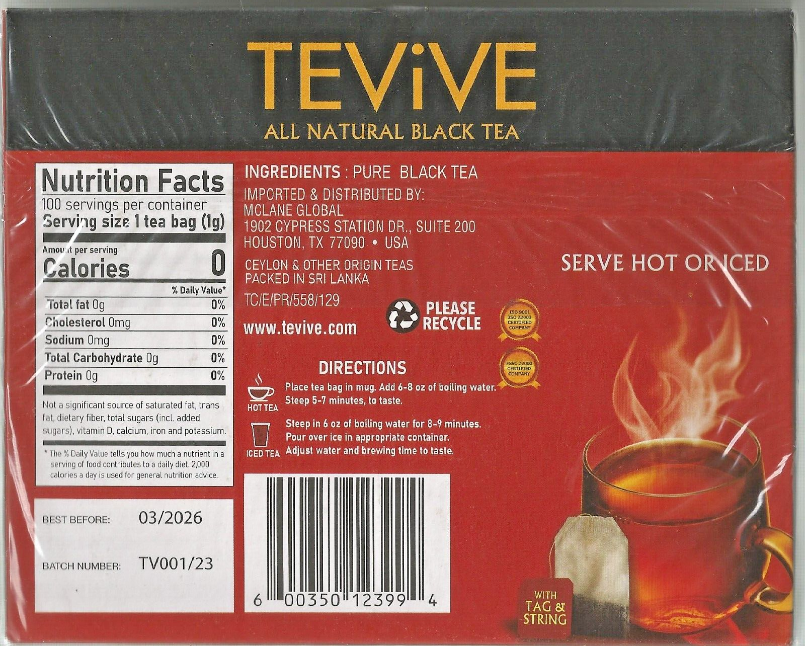 TEVIVE All Natural  Black  Tea (100 Count Tea Bags) 100 Grams Serve Hot Or Iced