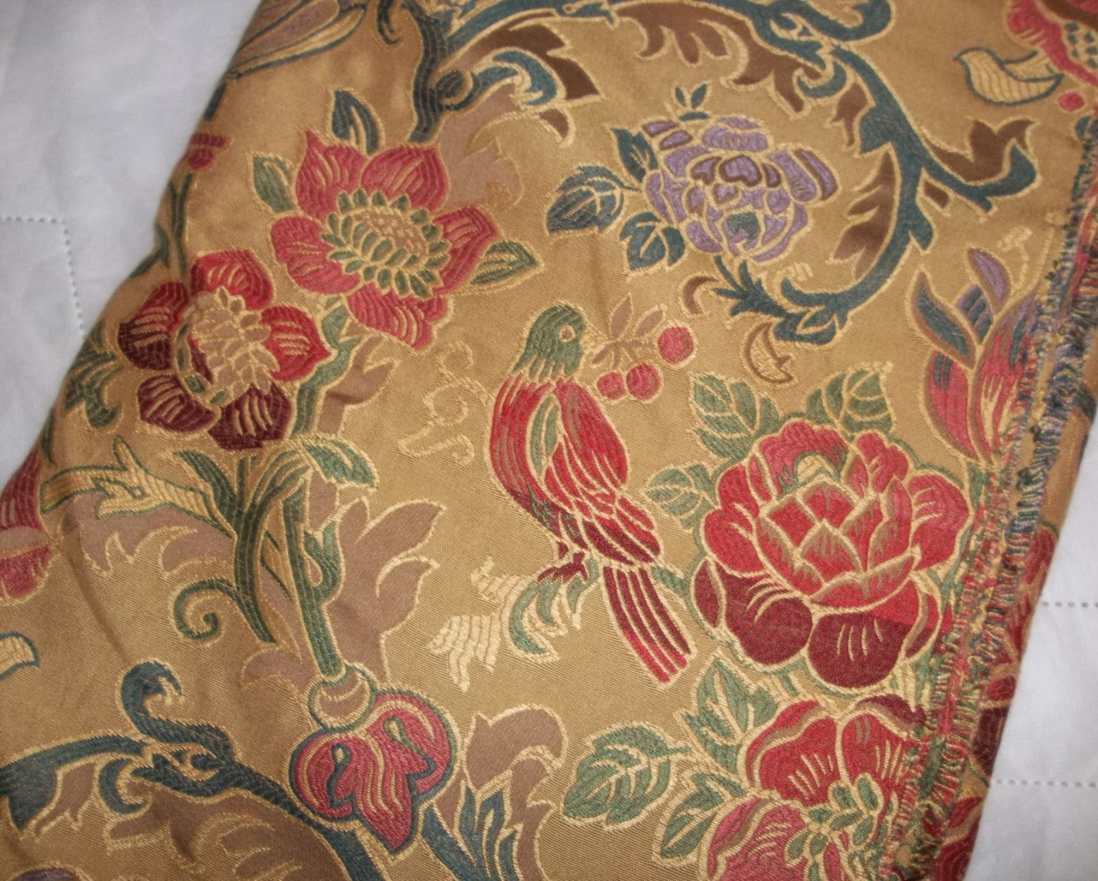 1 1/2 Yards Antique Style Drapery / Upholstery Fabric - Gold Floral Print, Bird