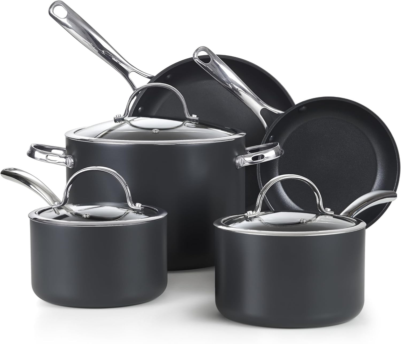 8-Piece Nonstick Hard Anodized Cookware Set, Pots and Pans Set Includes Saucepans, Stockpot, Frying Pans, Lids, Black
