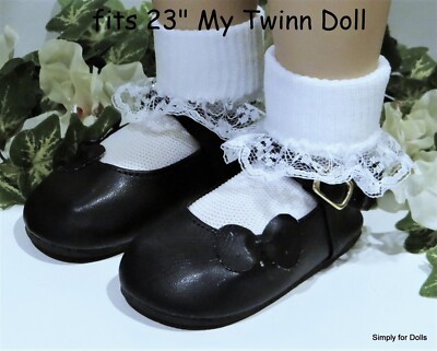 BLACK w/Side Bow MARY JANES DOLL SHOES fits 23'' MY TWINN DOLL CLOTHES
