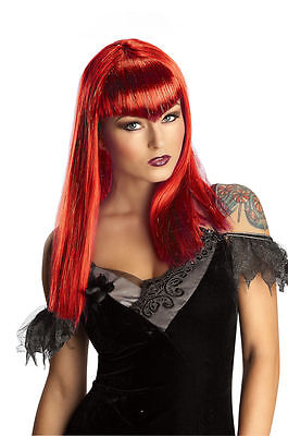 Womens Sexy Vampire Wig Widow Peak Bangs Tinsel Long Red Hair Adult Costume NEW