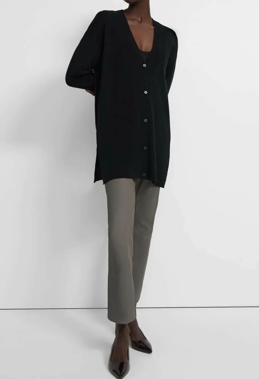 Pre-owned Theory $415  Szm Long Lenght Side Slits Cardigan Cashmere Sweater Black