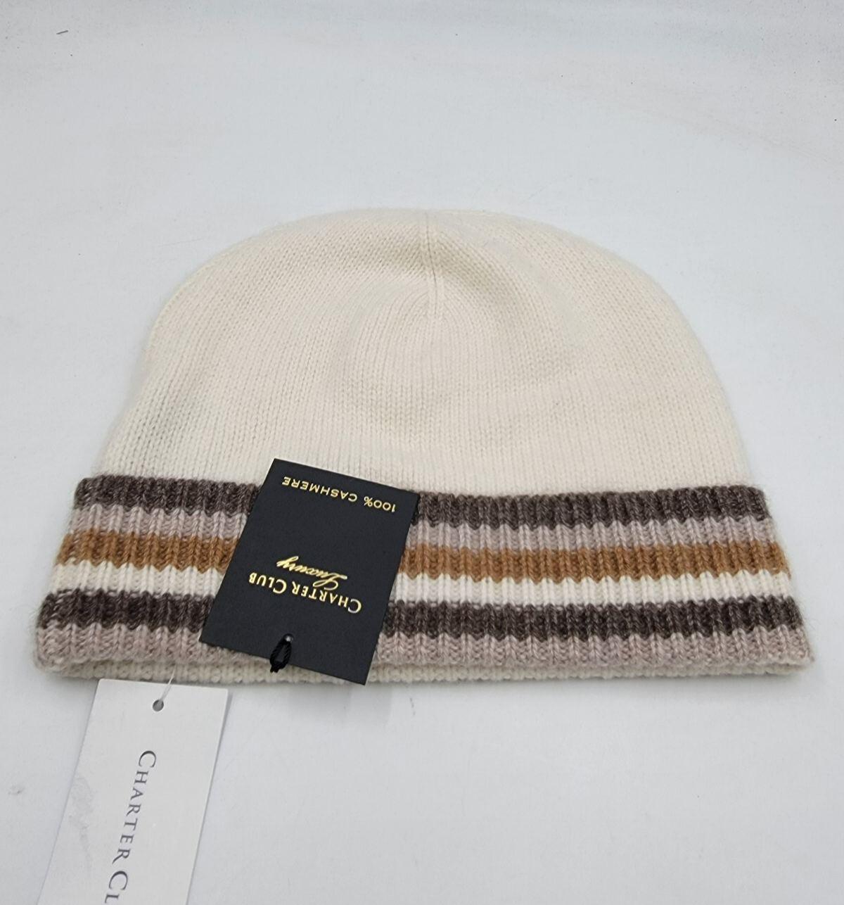 Charter Club Cashmere Stripe Cuffed Beanie Women's One Size Warm Praline - Picture 2 of 14